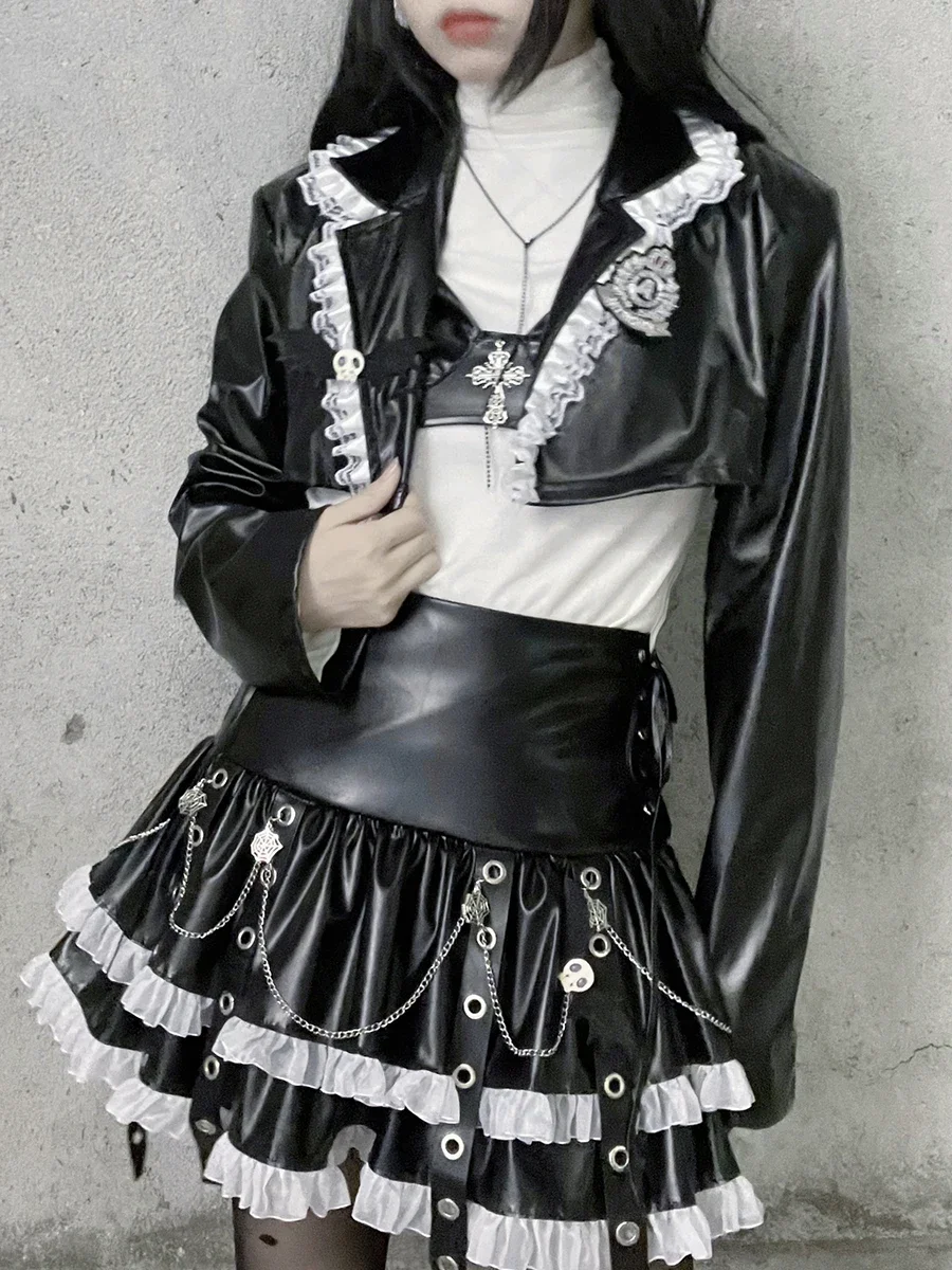 

New Spring Autumn Cool Girl Harajuku Punk Black Lace Splicing Coat Fashion Casual Gothic Long Sleeve Streetwear Leather Coat