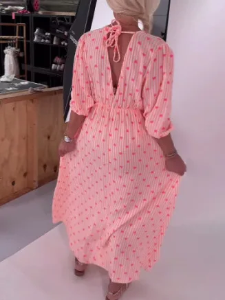 Vestido estampado de cintura alta para mujer, vestido de fiesta de manga de siete cuartos con cuello en V, vestido de fiesta de jardín sin espalda con cordones a la moda