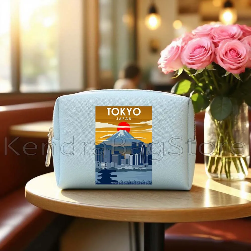 Santorini Greece Tokyo Kyiv Milan Italy Rio De Janeiro San Diego Blue PU Leather Cosmetic Bags Makeup Waterproof Storage Bags