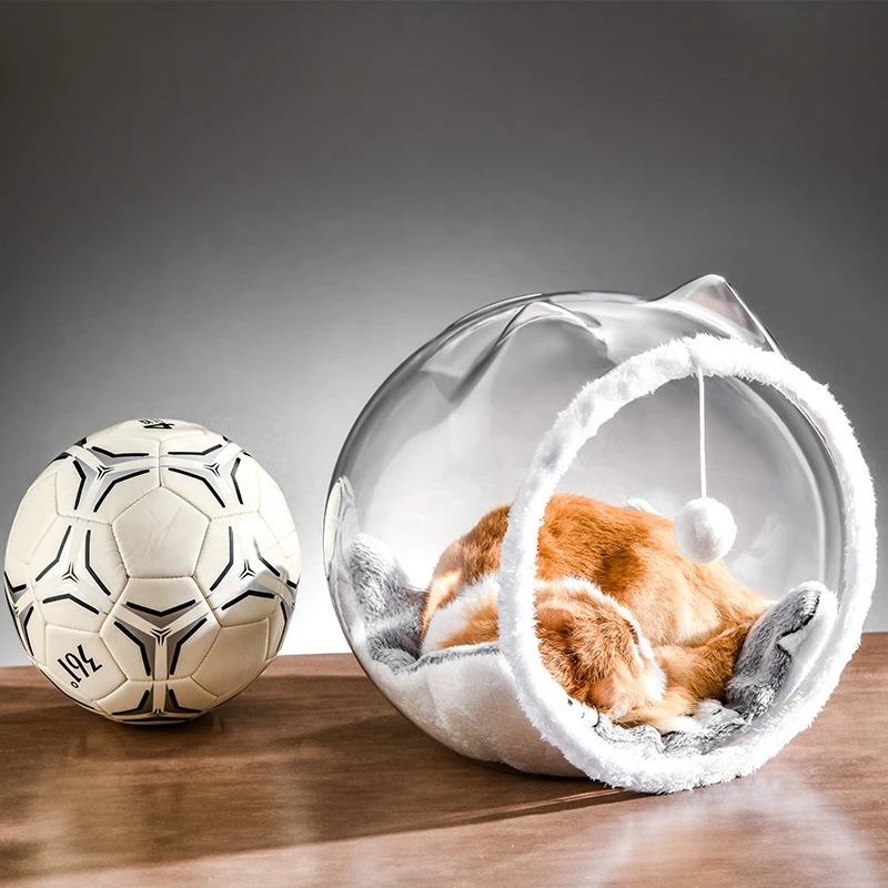 سرير قطط كبسولة فضائية شبه مغلق من البلاستيك الشفاف القابل للتنفس مع كرة لعبة مناسبة لجميع المواسم، منزل مريح لمحبي القطط #4