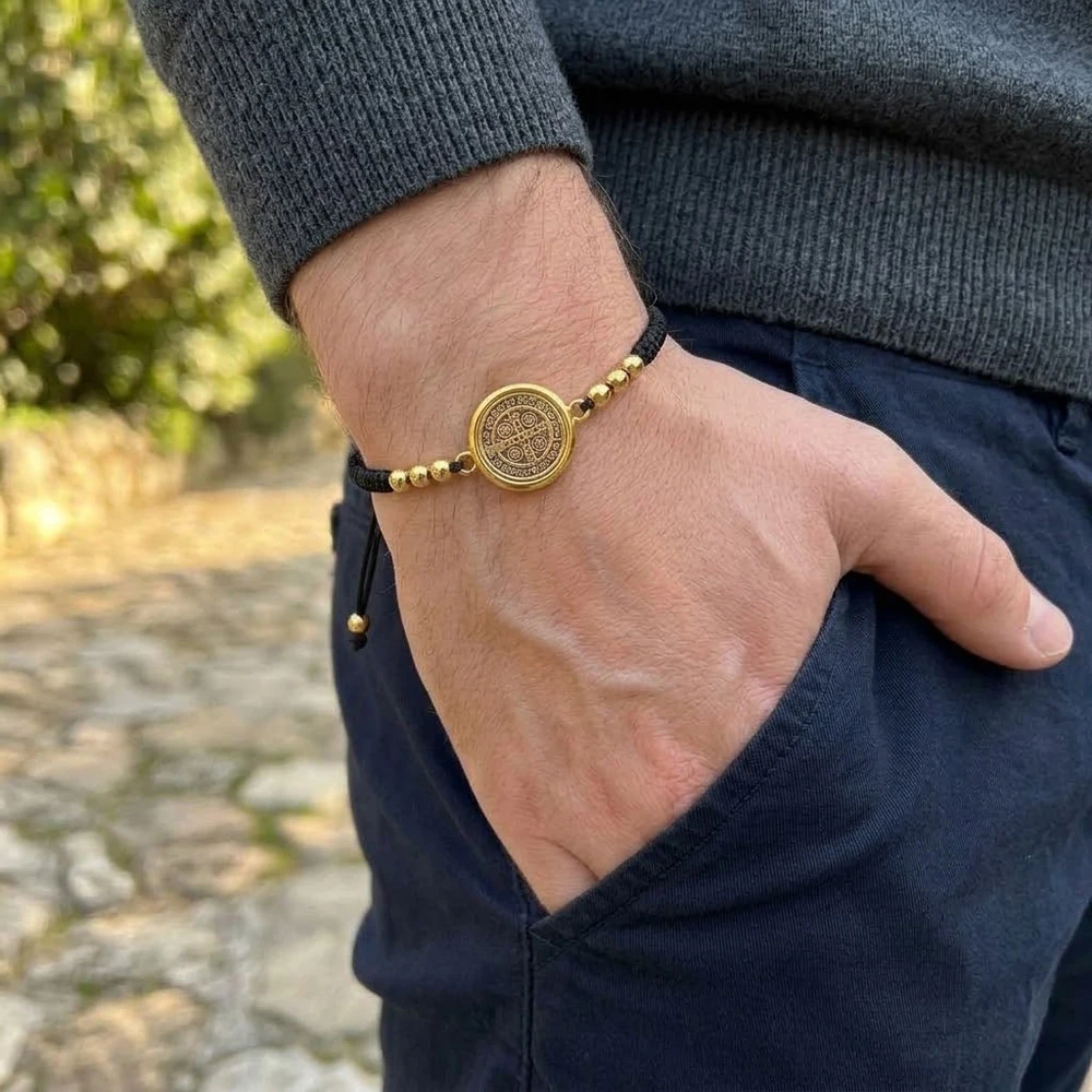 Adjustable Black Red Braided Rope Bracelet Men Women Gold Color Bead Bracelet St Benedict Medal Religious Jewelry Gift