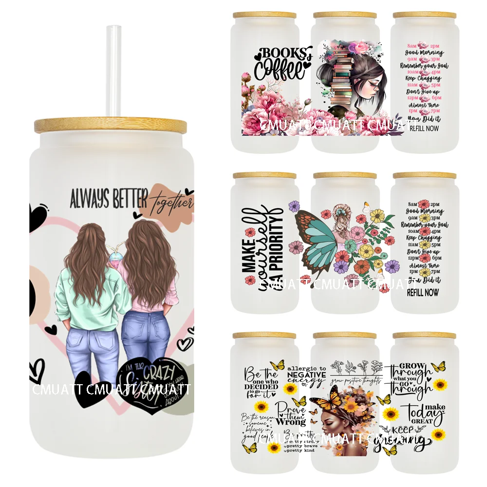 Fashion Woman With Flowers 16OZ UV DTF Cup Wrap Transfer Stickers Custom Labels DIY Durable Waterproof Logo For Libbey Glass Can