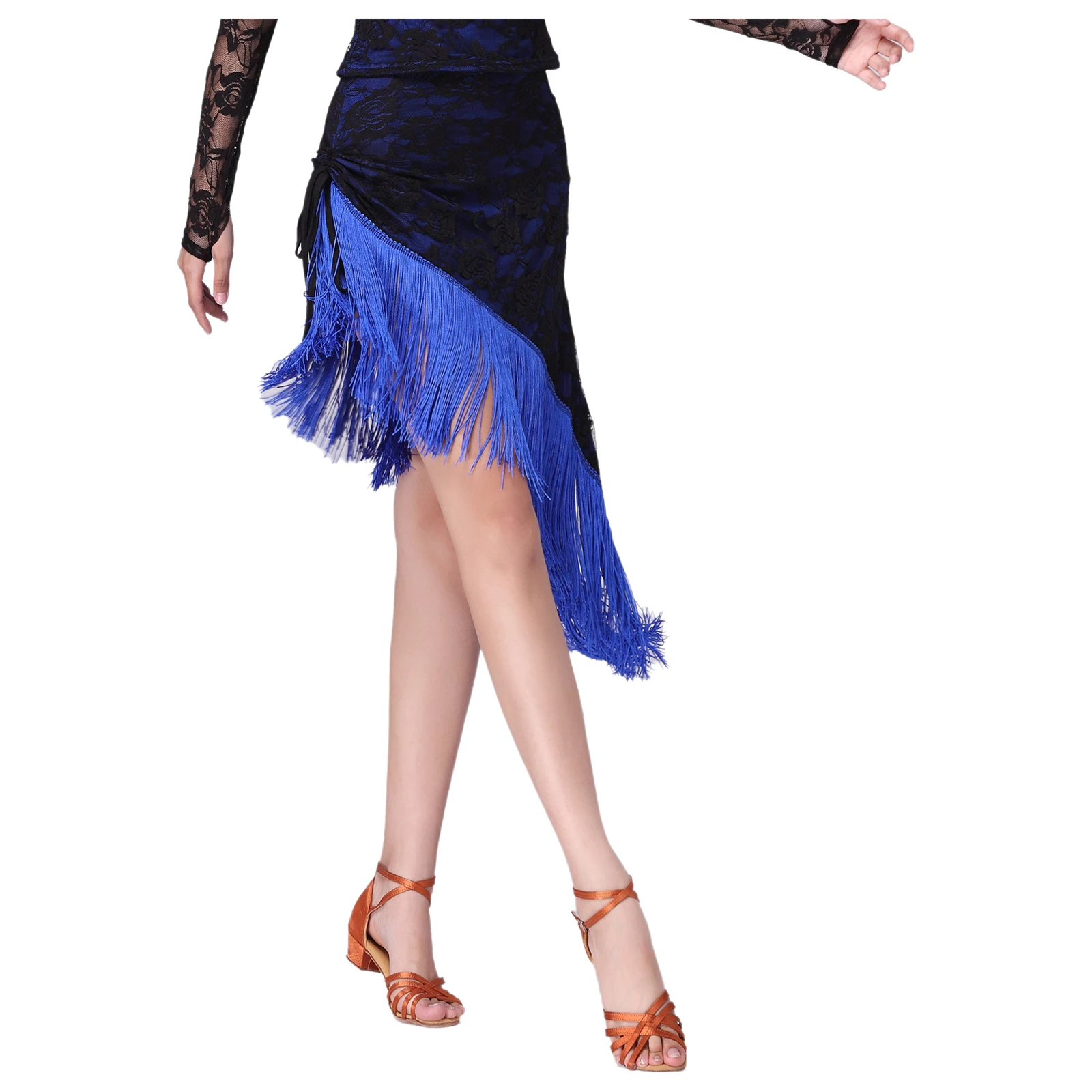 Women Latin Tango Dance Costume Skirt Floral Lace Tassel Trim Side Irregular Skirt for Dancing Jazz Performance Training