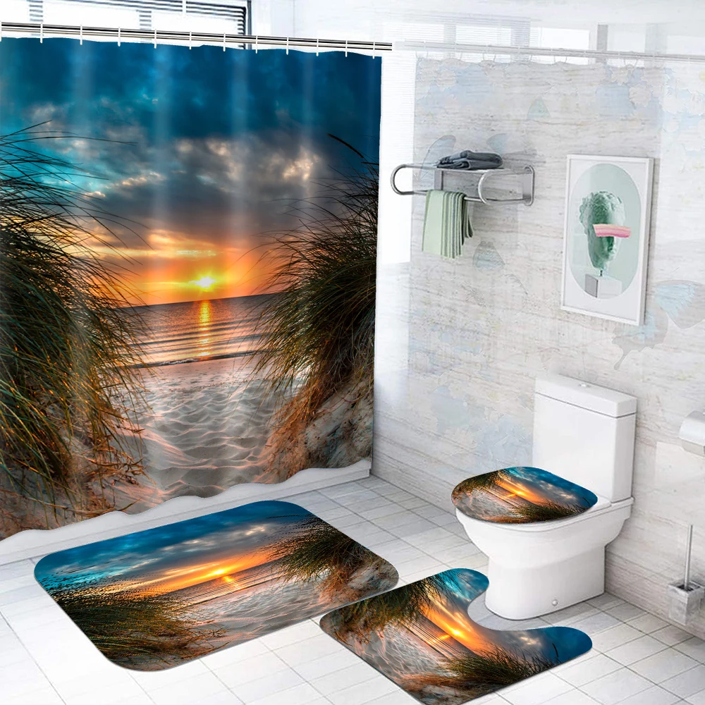 1 set of sunset ocean scenery printed shower curtains, summer style, with 12 hooks and bathroom floor mats