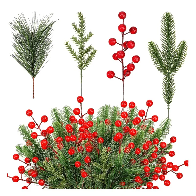 

100 Pieces Artificial Pine Needles Branches And Artificial Red Berry Stems Fake Greenery