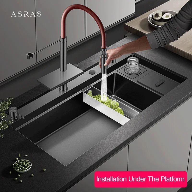 ASRAS New Large Size Nanometer Waterfall Faucet Kitchen Sinks 4mm Panel Handmade Kitchen Sinks Cup Rinser Sinks