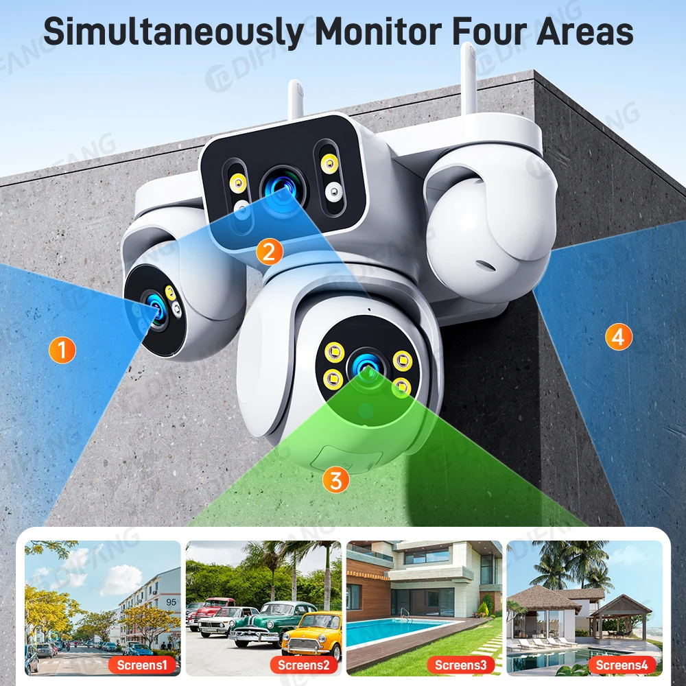New 12X Zoom Four Screen 20MP WiFi Camera Four Lens 10K Video Surveillance Waterproof Auto Tracking Security Protection IP Cam