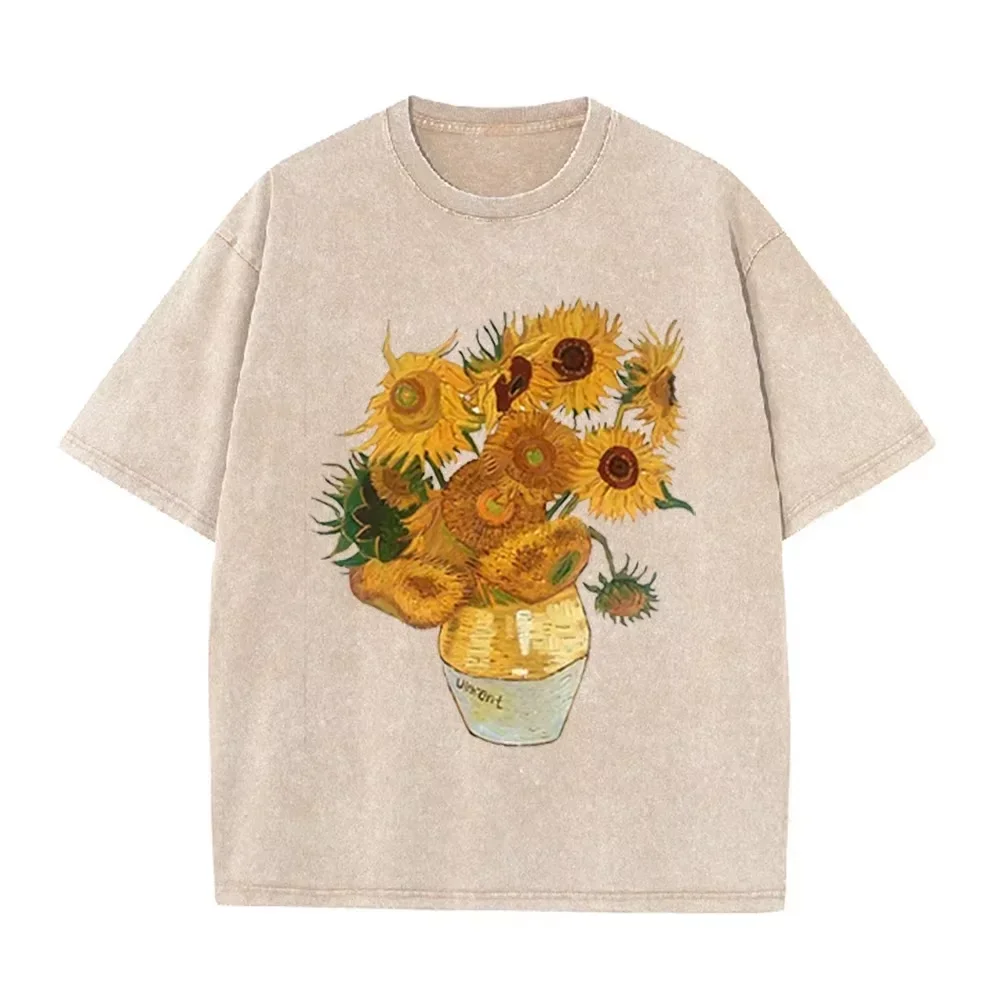 Van Gogh Sunflowers Oil Painting Print Washed Vintage T Shirt Women Men Oversized Casual Short Sleeve Crew Neck Tee Top