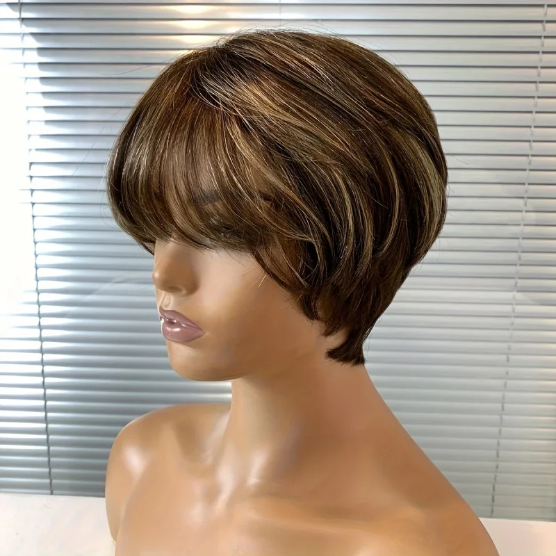 Pixie Cut Wig with Bangs 100% Brazilian Remy Human Hair Natural Black Short Bob Style Full Machine Made wig