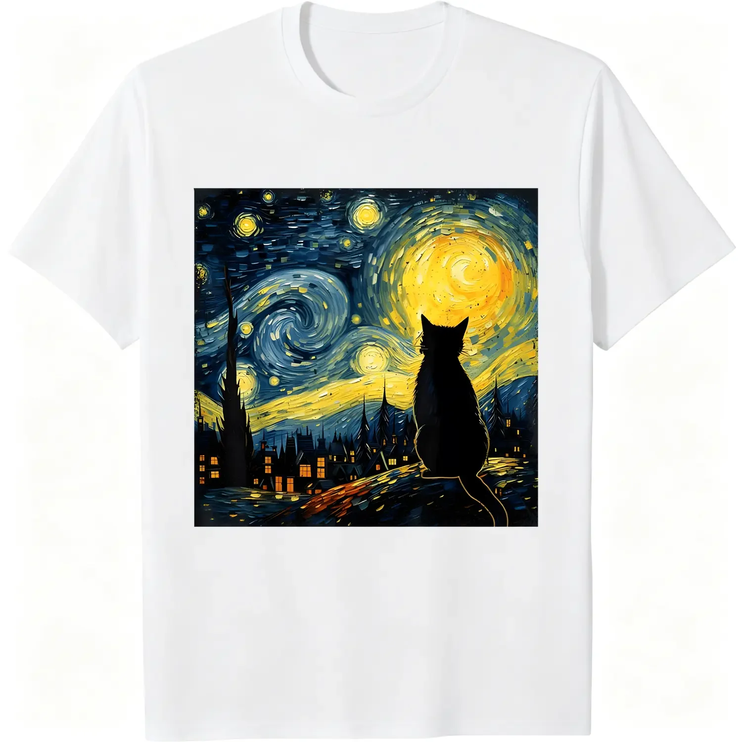 Cotton Cat Starry Night Van Gogh Cat For Cat Lover Cat Mom Cat Dad T-ShirtCouple Clothing 2025Family T-Shirt