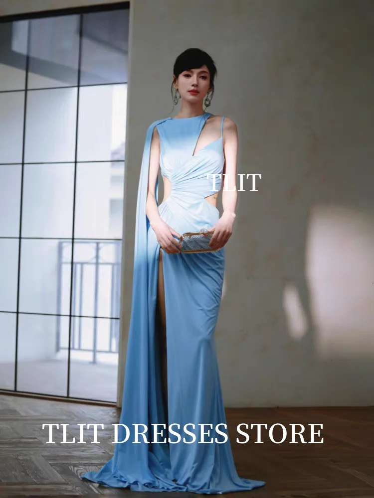 TLIT elegante hemelsblauwe elastische satijnen avondjurken Korea fotoshoot op maat gemaakte O-hals hoge zijsplit lange sjaal galajurken