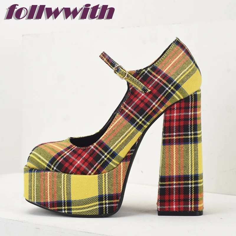 Yellow Plaid Gingham Square Heel Pumps Platform Super High Autumn  Fashion Modern 2024 Hot Sale New Arrival Shoes