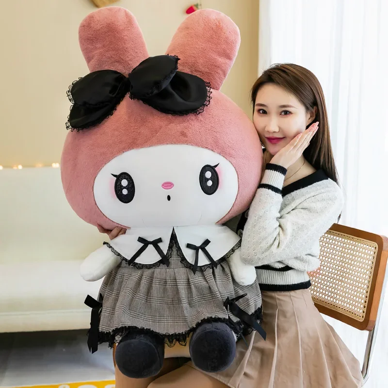 Jouets en peluche Sanurgente Black Kuromi Melody pour filles, poupées en peluche Kawaii, oreiller de coussin de canapé de dessin animé, jouet en dentelle gothique sombre, cadeau d'anniversaire