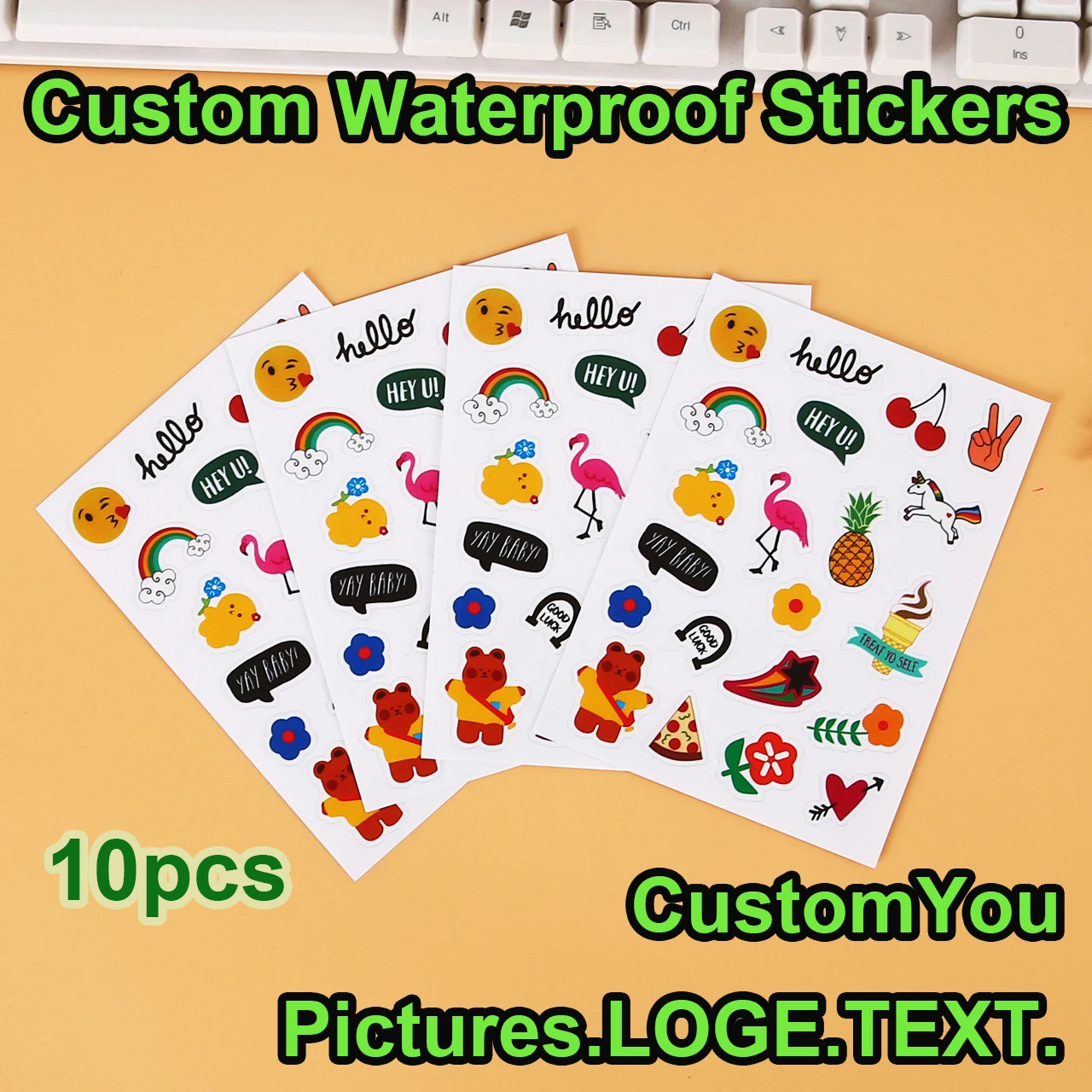 10PCS Custom Vinyl Logo Sticker Sheet Waterproof Decorative Label Laptop Cartoon Cute Anime Book Decoration