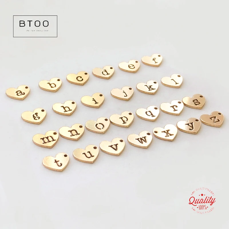 Real 14K Gold Filled 8x6mm Heart Letters Drop W/Right Hole 20ga 0.9mm (a-z) 26 Lowercase Letter Charms Wholesale Findings