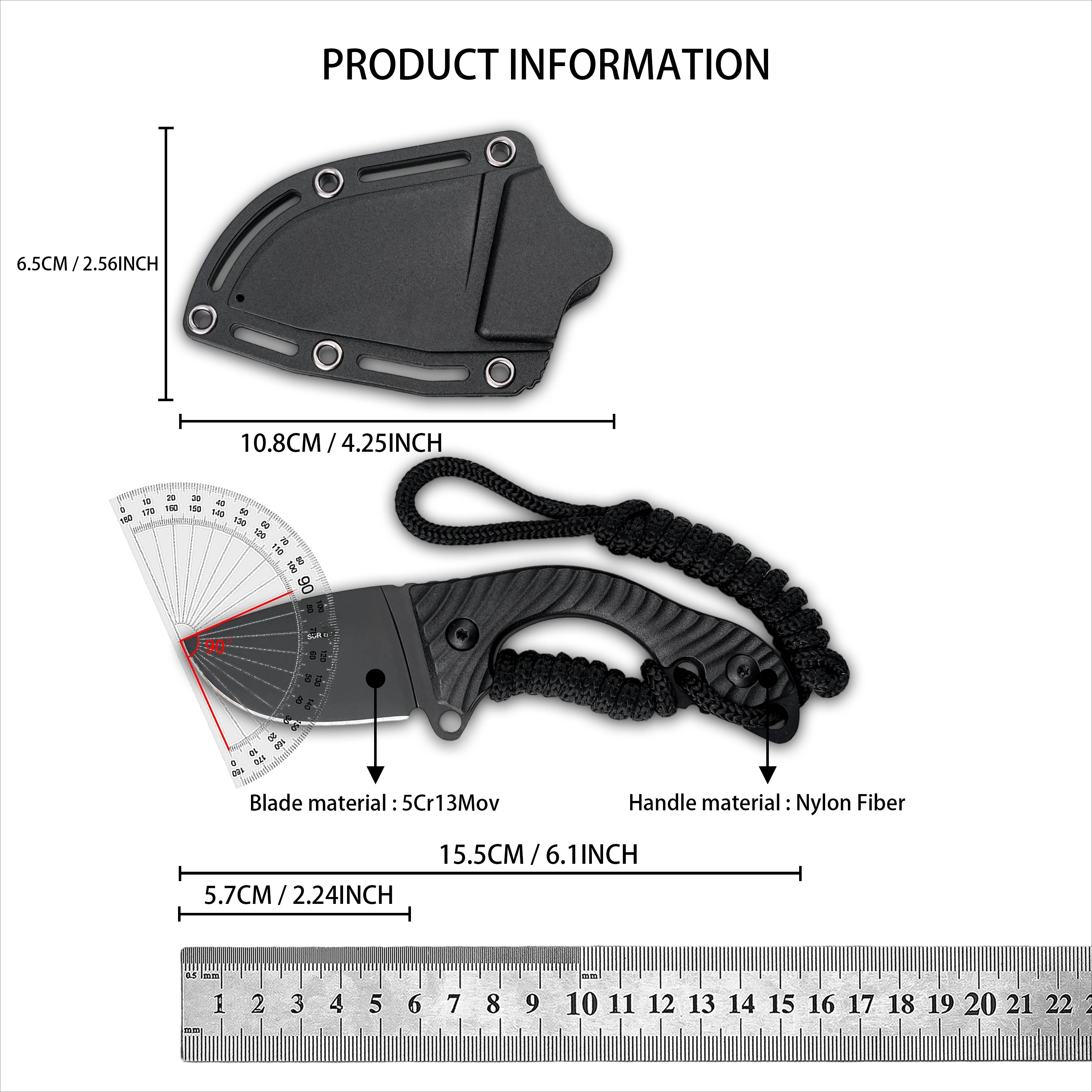 Fixed Blade Outdoor Knife 5Cr13Mov Steel Blade  with Nylon Fiber Handle Paracord Lanyard Hard Sheath for Camping Hiking EDC