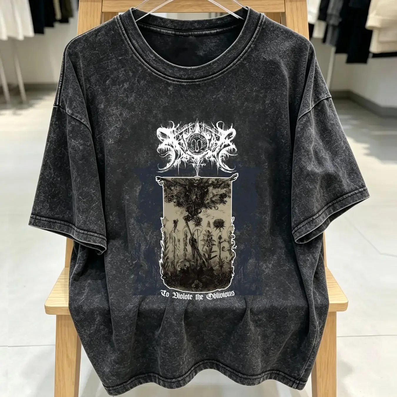 washed T Shirt Xasthur To Violate The Oblivious Black long sleeves vintage Washed streetwear Top For Everyday Wear Comfortable