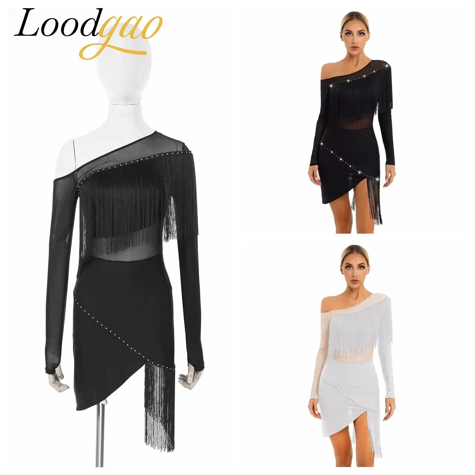 

Women's Rhinestone Shiny Fringe Dress Latin Dance Costume Single Long Sleeve Tango Rumba Cha Cha Ballroom Rumba Dancewear
