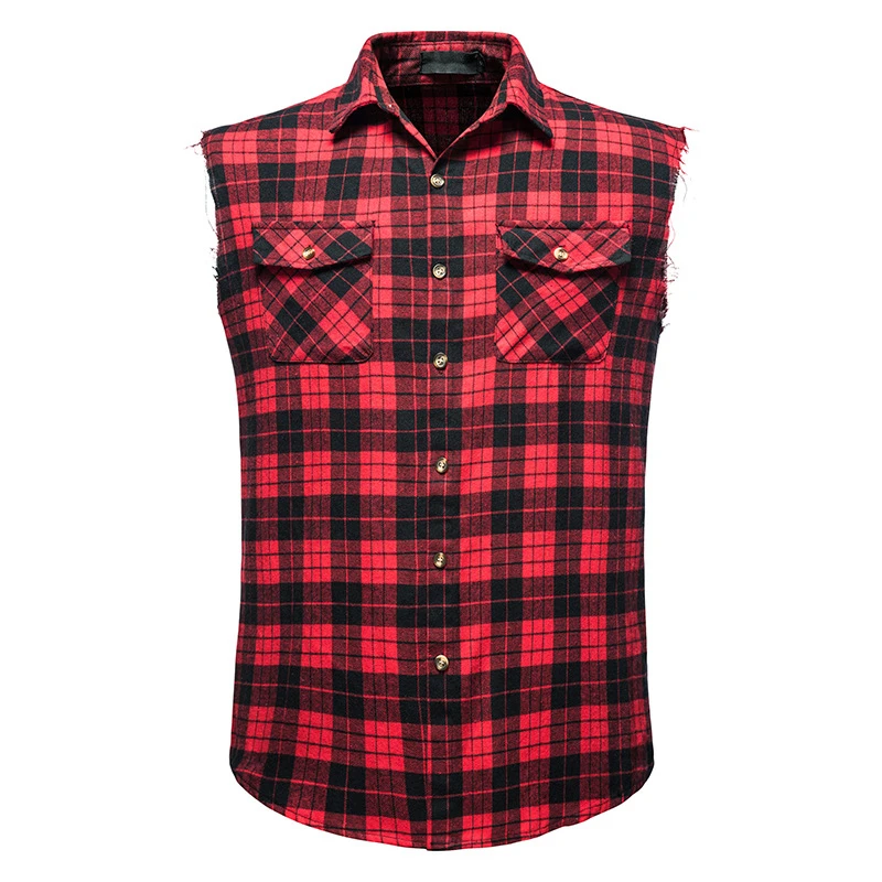 Men\'s Casual Flannel Plaid Sleeveless Shirt New Double Pocket Cowboy Button Down Shirts Men Cotton Plus Size Vest Checkered Top