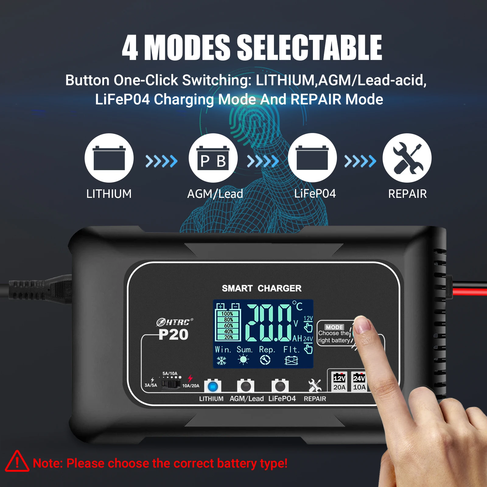 10A/20A 12V 24V Car Battery Charger Fully Automatic Pulse Repair Charger for Lifepo4 AGM Lead-Acid Lithium Battery Mainter ZJ