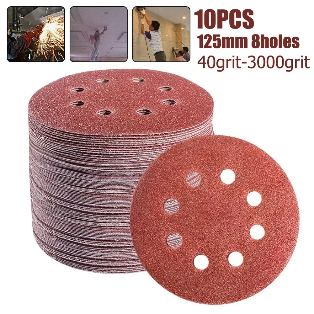 10Pcs 125mm Sandpaper Round Shape Sanding Discs Sanding Paper Buffing Sheet Sandpaper 8 Hole Sander Polishing Pad Abrasive Tools