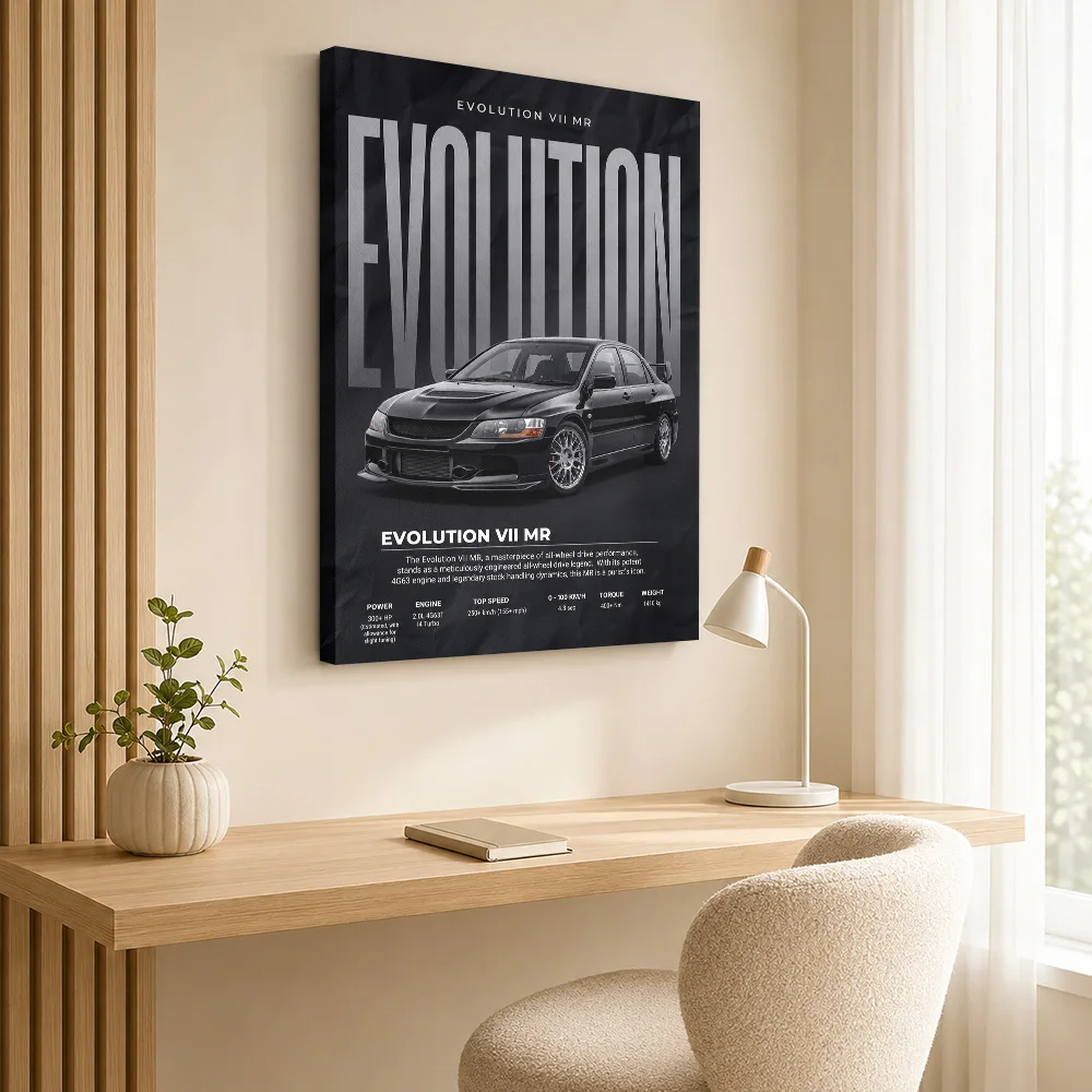Black Sleek Japanese Lancer Evolution Vii MR Framed Canvas Print Poster Customized Photo Bold Wall Art Garage Decor Driver Gift