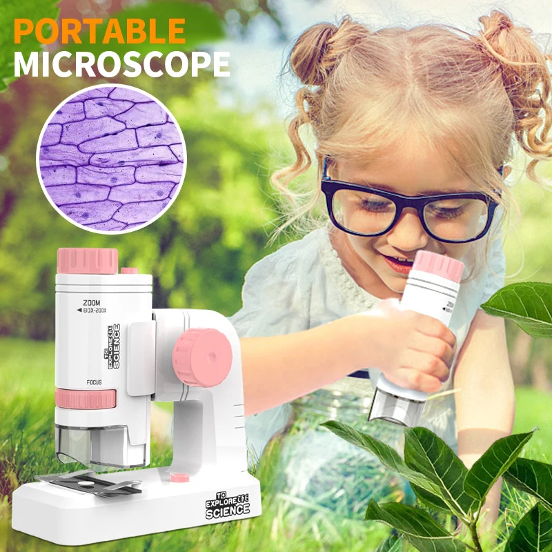 Kids Handheld Mini Microscope Educational Toy with Base LED Biological 80-200X Microscope Child Home School Explore Science Tool