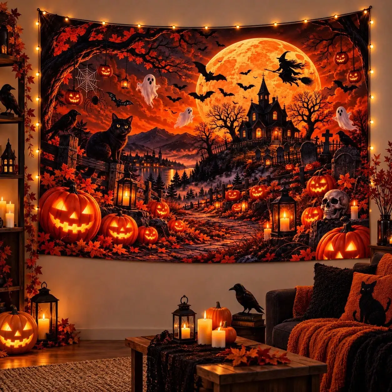 Black Cat Halloween Tapestry Jack O Lantern Pumpkins Orange Moon Bats Autumn Silhouette Spooky Gothic Moonlit Dark Night Wall Hanging, Aesthetic Wall Art For Bedroom Living Room Dorm Home Decor