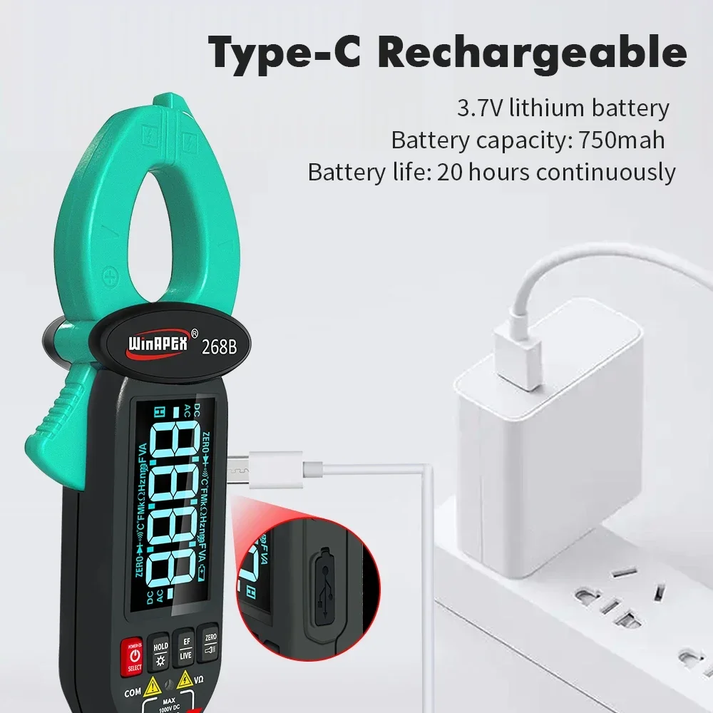 WINAPEX 268B AC DC True RMS Clamp Multimeter 1mA High Resolution Amperometric Clamp Leakage Current Detect NCV Live Hz Temp Test