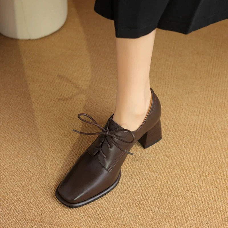 Spring/Autumn Women Pumps Genuine Leather Shoes for Women Square Toe Chunky Heel Women Pumps Lace-up Shoes Black High Heel Shoes