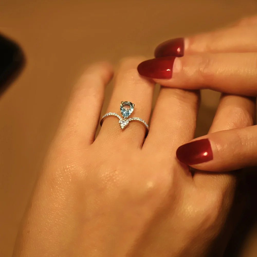 

925 sterling silver aquamarine ring female niche design sense blue water drop ring ins simple 2022 new model