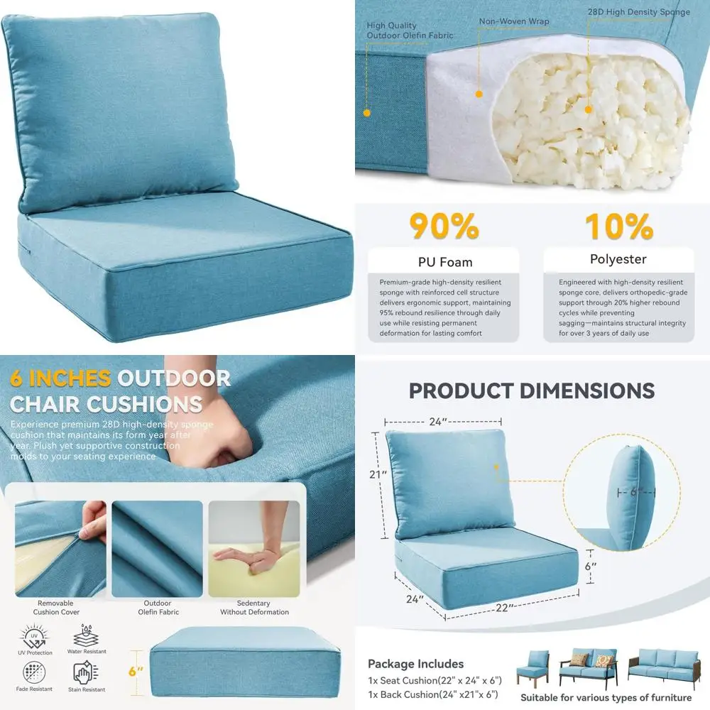 

Outdoor Patio Chair Cushions Set of 6 - 22x24 Inch Waterproof Removable Covers, High Density 28D Foam