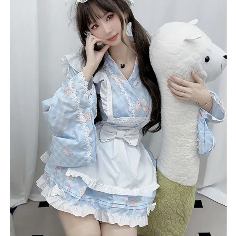 Winter Japanese Lolita Sweet Two Piece Dress Set Women Harajuku Kawaii Print Set Female Korean New Princess Cute Lace Suit 2024