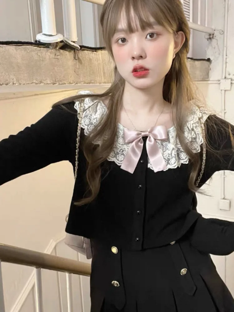 Y2k Aesthetic Lolita Lace O-Neck Womens Cardigan Long Sleeve Crop Tops Korean Style Bow Patchwork  Autumn Knitted