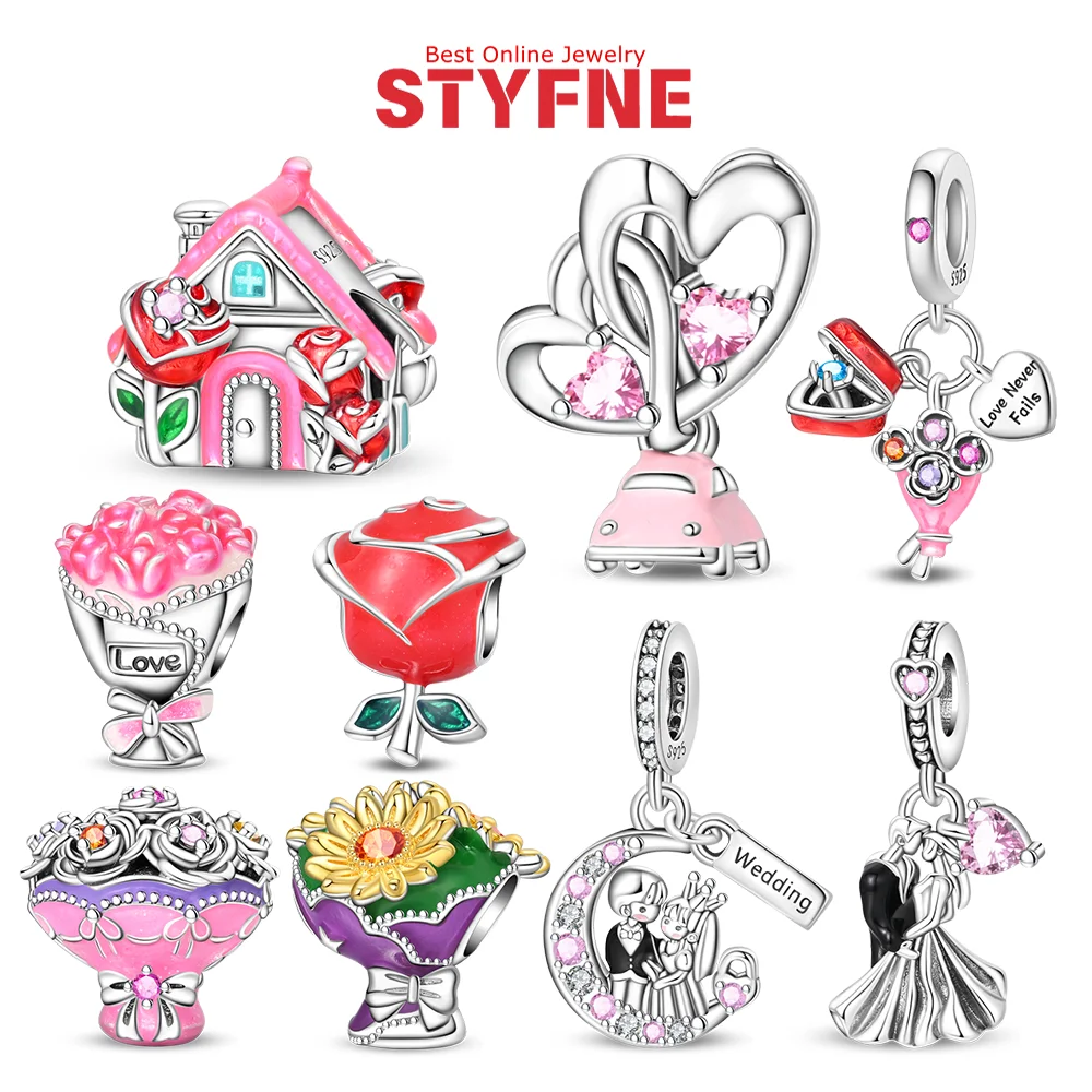 

925 Silver Charms Tulip Bouquet Pink House Romantic Wedding Zircon Beads Pendants Fit Original Bracelets DIY Jewelry for Women