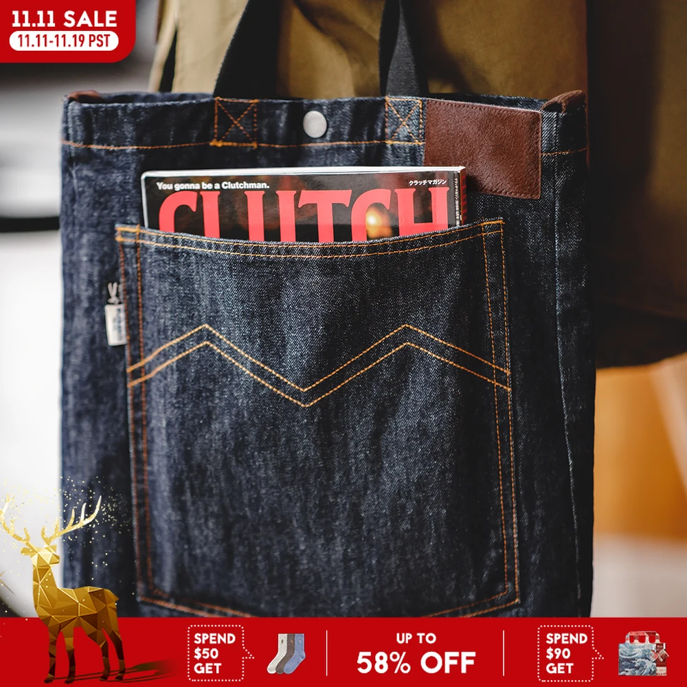 

Maden Retro 14oz Denim Shoulder Crossbody Bag with Denim Embroidery Large Capacity Portable Flat Tote Bag for Men's Daily