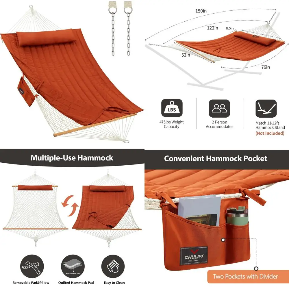 

Large Capacity Double Hammock with Polyester Pad and Pillow, Outdoor Hardwood Spreader Bars, 475 LBS Weight Limit for Two, Ideal
