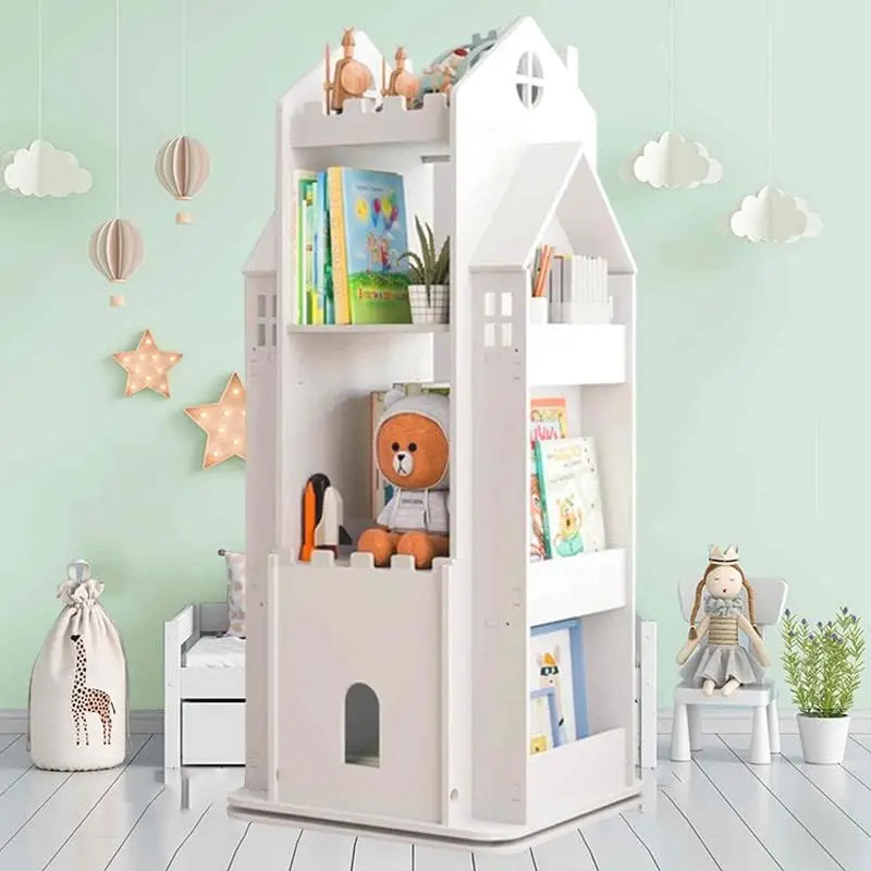 Castle White Rotating Bookshelf Toy Storage Organizer Rack Revolving Corner Bookshelf for Kids Toddler Children Home Office Furn