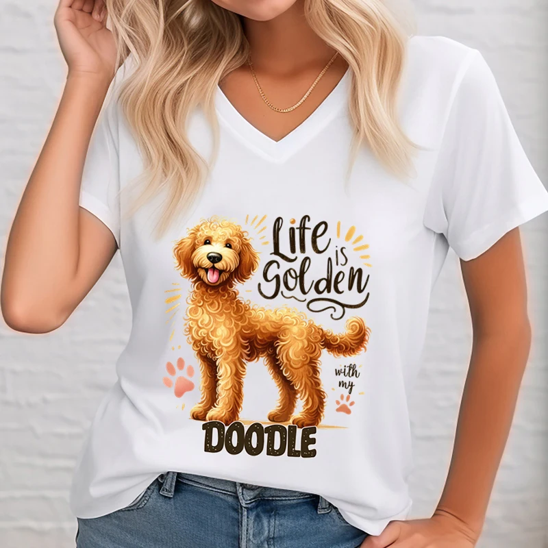 Cute Goldendoodle Women Tshirt Life Is Golden with My Doodle Graphic T-shirt Dog Paw V-Neck Short Sleeve Funny Women T Shirt