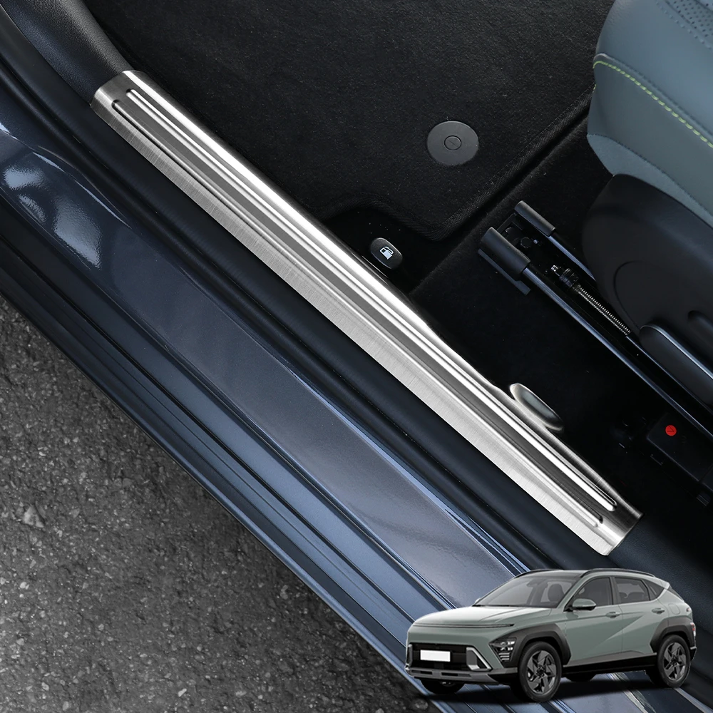 Car Interior and Exterior Door Sill Protectors Front and Rear Sill Guards Step Trim Strips Stainless Steel for Hyundai KONA SX2