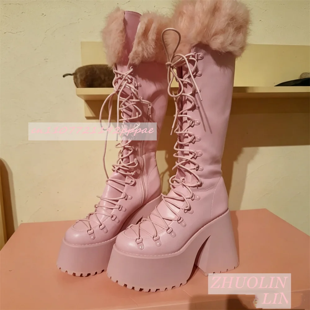 Women Platform Boots Knee High Lace Up High Heel Shoes Pink Faux Fur Trim Chunky Heel Winter Fashion Casual Party Boots Ladies - view 4