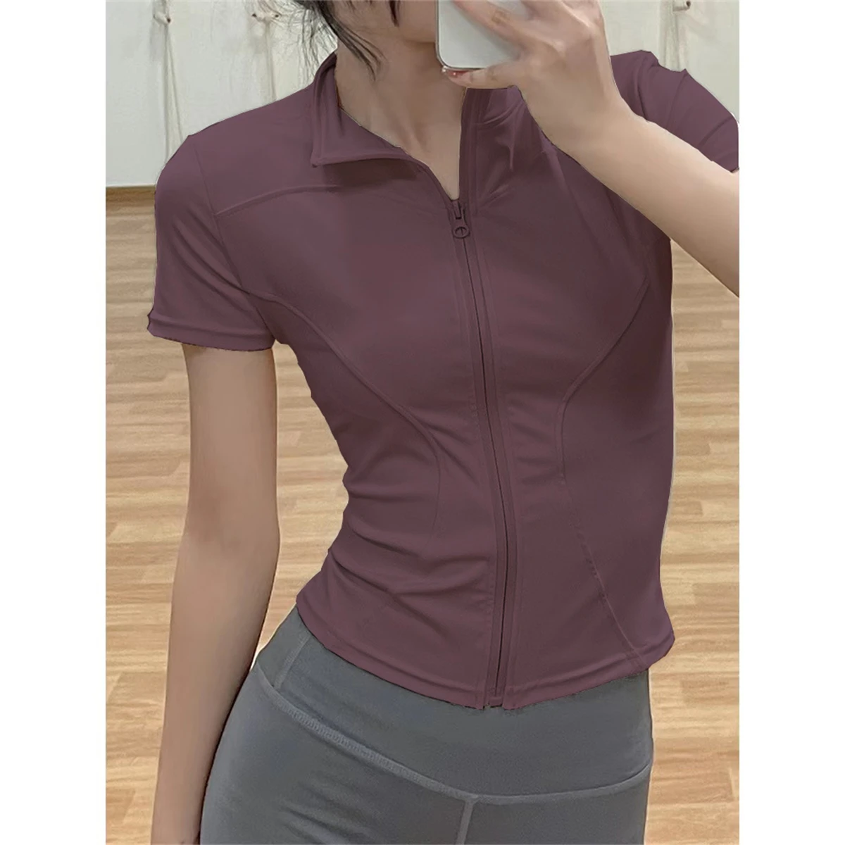 Frauen Sommer Schlank Yoga Tops Stehkragen Voll Zipper Kurzen Ärmeln Shirts Solide Workout Kleidung Gym Lauf Mäntel Dame Casual – Detail 9
