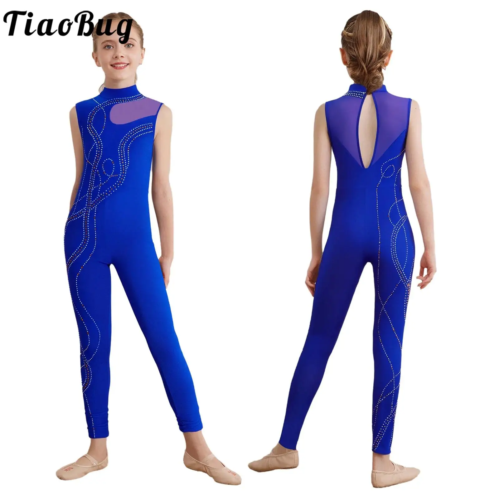 

Kid Girls Shiny Rhinestones Gymnastics Dance Unitards Jumpsuit Figure Skating Sleeveless Sheer Mesh Patchwork Full Body Bodysuit