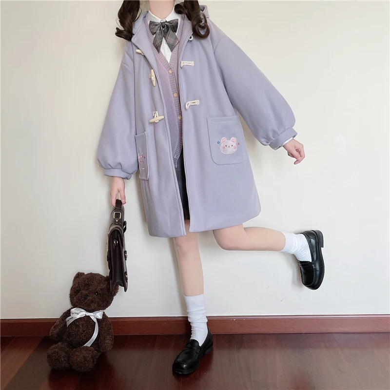 Japanese Kawaii Woman Tweed Jacket Female Autumn Winter College Hooded Coat Cotton Thickened Horn Button Tweed Coat