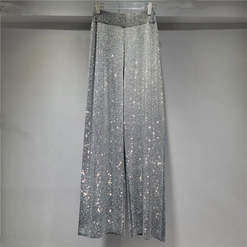 Blingbling Shiny Hot Diamonds Wide Leg Women Trousers Stretch Knitted Straight Pants Floor-length Elastic Waist Casual Pants