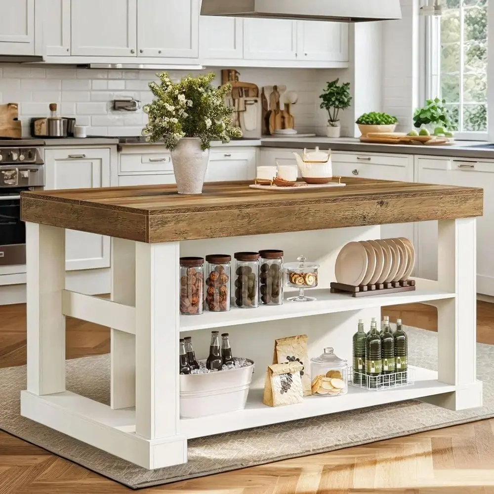 

Kitchen Island with Storage, 55Inch Farmhouse Stationary Island Table with Large Countertop, 3Tier Wooden Center Bar Table for
