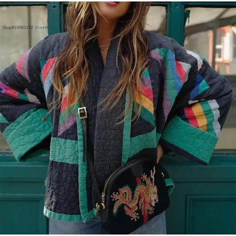 Spring Autumn and Winter European and American Street Printed Spliced Cotton Long Sleeve Jacket Coat for Women