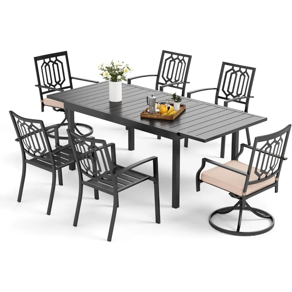 7 Pieces Metal Patio Dining Set,1 Expandable Outdoor Steel Slat Rectangular Table and 4 Stackable Chairs, 2 Swivel Chairs,Black