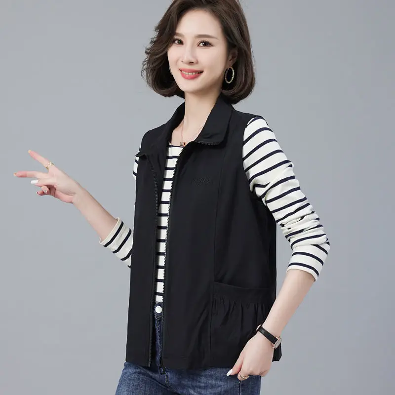 Street Casual Loose Pocket Patchwork Vests Spring Autumn New Polo Neck Solid Zipper Vintage Tops Fashion Office Women Clothing