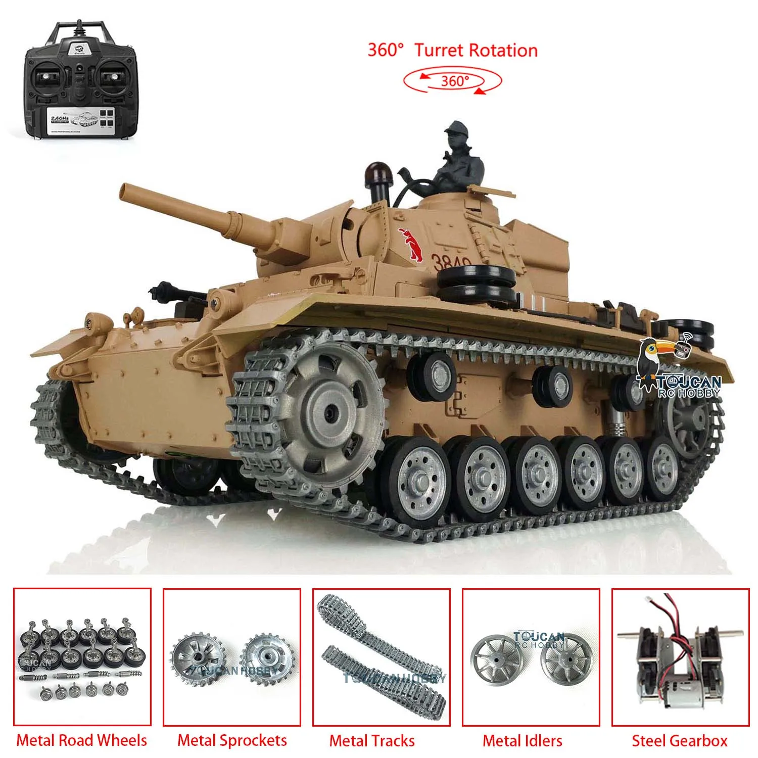 HENG LONG 1/16 7.0 Customized Panzer III H RTR RC Tank 3849 Metal Tracks Wheels Steel Sprocket Wheels BB Shooting Yellow TH17369